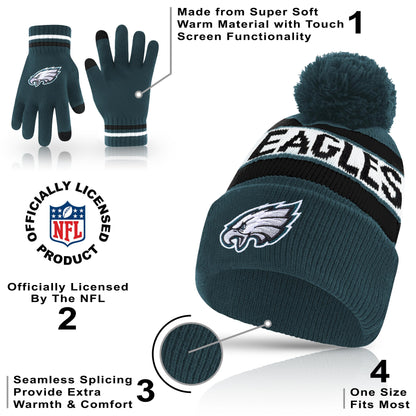 Ultra Game NFL Official Adults Unisex Super Soft Winter Beanie Knit Hat With Extra Warm Touch Screen Gloves, Philadelphia Eagles, Team Color 1, 1SIZE