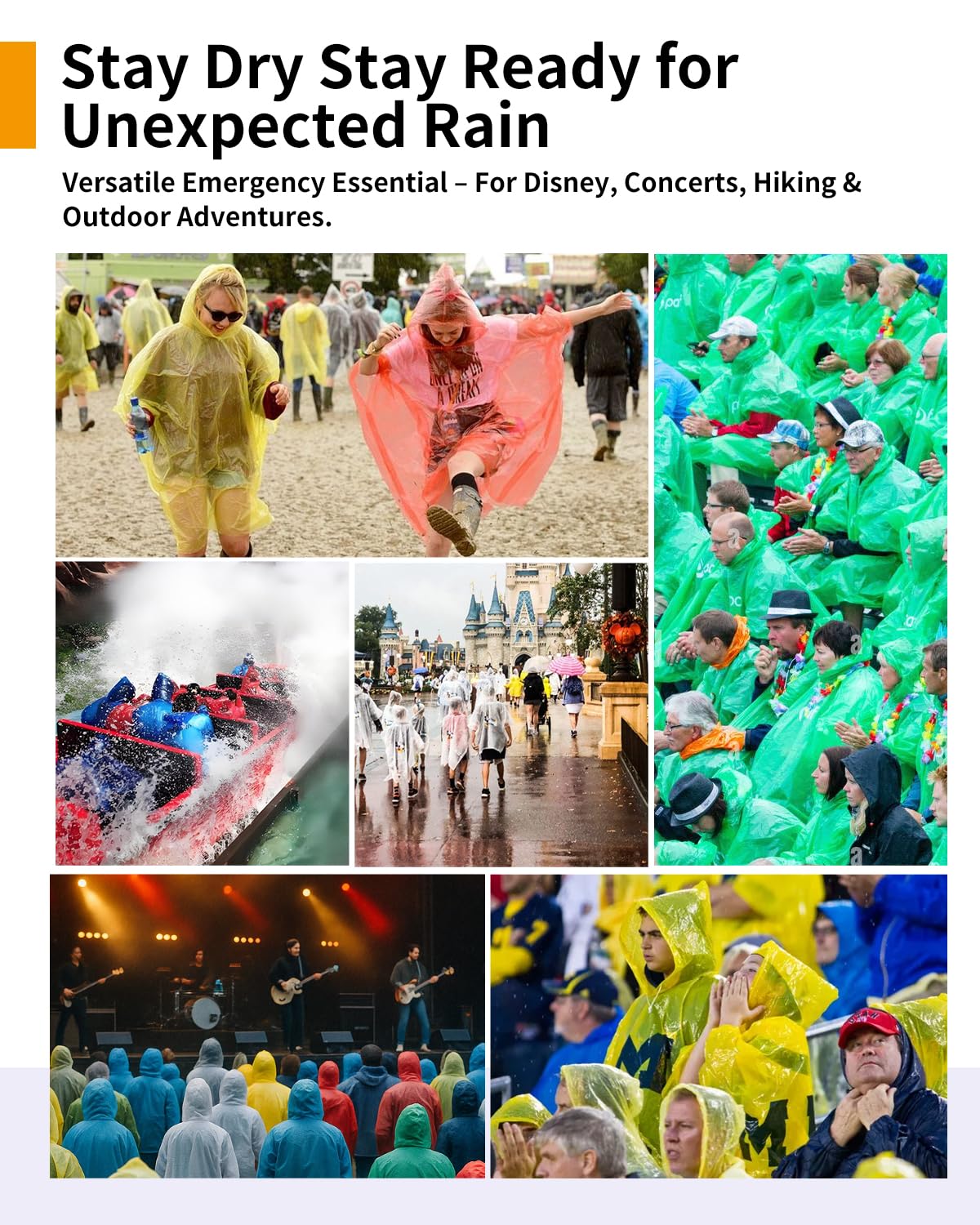 Disposable Rain Ponchos - Extra Long Waterproof Emergency Poncho with Hood for Adults, Bulk Family 6 Pack Raincoat for Park, Concerts, Hiking, Camping Essentials, Home Emergency Survival Kits, Clear