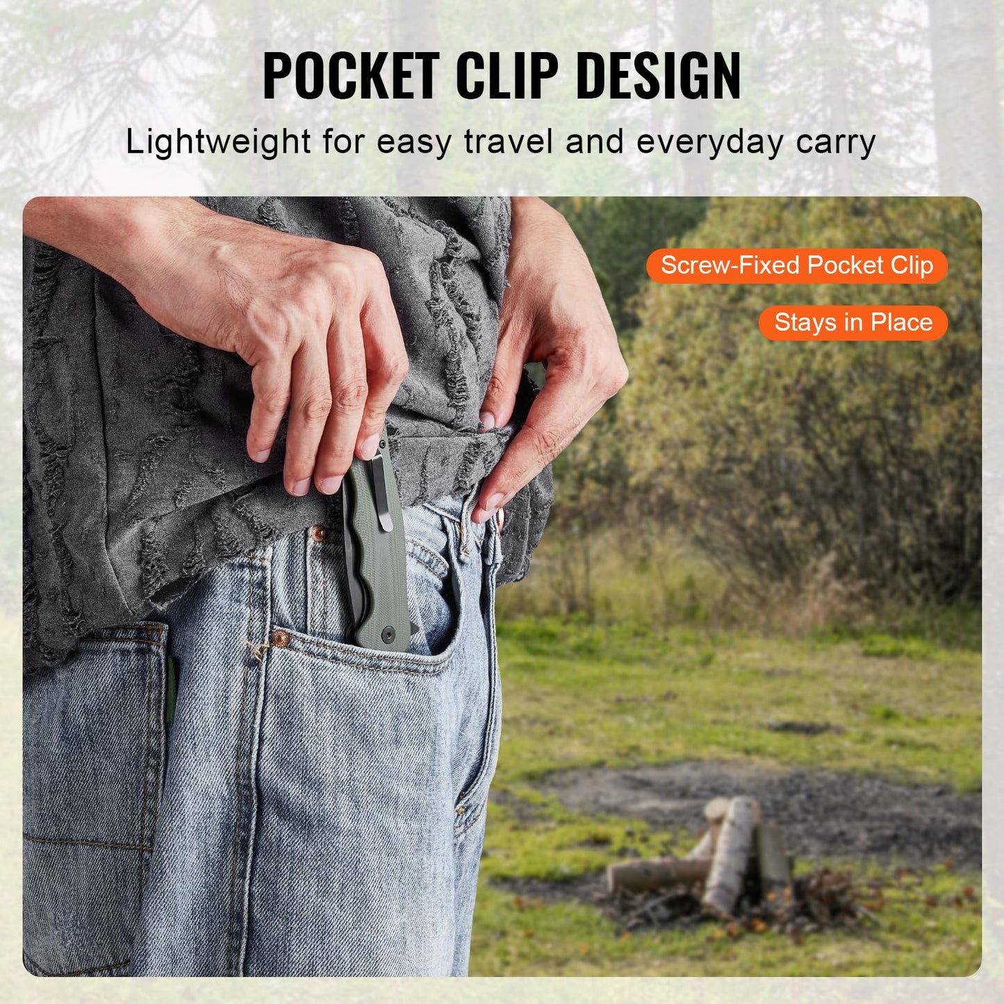 VEVOR Folding Pocket Knife, 3.5 in D2 Steel Blade, G10 Handle Small EDC Knife with Pocket Clip, Sharp Camping Survival Hiking Knife, 3.84 oz/0.1 kg Easy to Carry for Men Women Self Defense