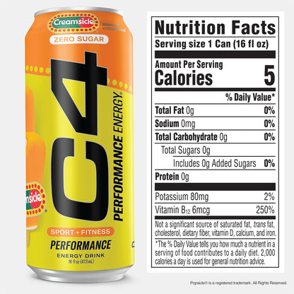 C4 Performance Energy Drink | Zero Sugar Carbonated Preworkout Energy | 200mg Caffeine with Beta Alanine | Orange Creamsicle | 16 Fl Oz (12 Pack)
