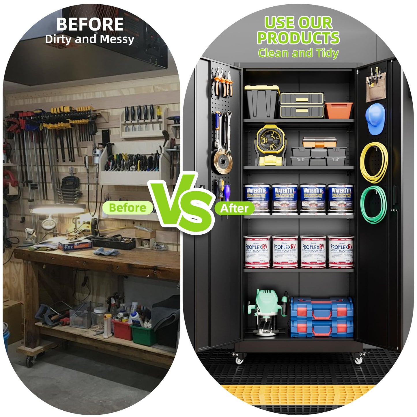 Aobabo 73''H Metal Garage Storage Cabinet with Wheels,Steel Cabinets with 2 Doors and 4 Adjustable Shelves for Home Office,Required Assembly,Black