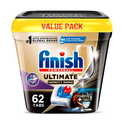 Finish Ultimate Infinity Shine Dishwasher Tabs, No Pre-Rinse Dishwasher Detergent Soap Removes Burnt-On Stain, with Protector Shield & CycleSync Technology, Degreasing & Scrubbing Power, 62 Count
