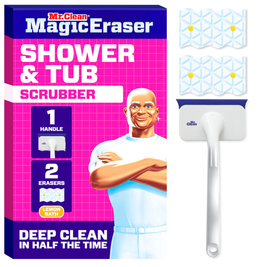 Mr. Clean Magic Eraser Shower & Tub Scrubber, Bathroom Cleaner, All in One Bathroom Cleaner, Lemon Starter Kit, 1 Scrubber & 2 Foaming Magic Erasers