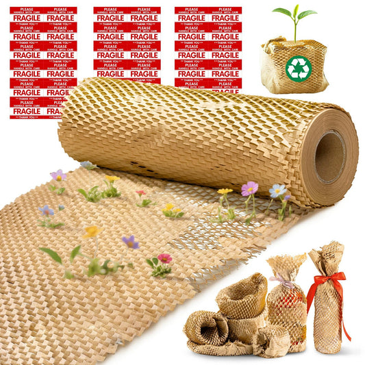 Honeycomb Packing Paper, 12"x200' Brown | Perforated Honeycomb Packing Paper Recyclable Moving Supplies for Shipping & Moving | Plastic-Free Alternative to Bubble Cushion Wrap with 36 Fragile Stickers