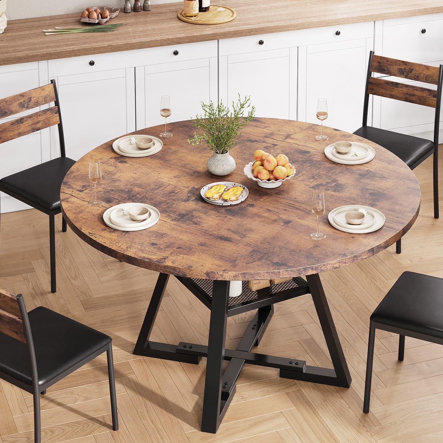Jocoevol Round Dining Table for 4,Kitchen Dining Room Circle Dinner Pedestal Table,Space Saving Wood Kitchen & Dining Room Furniture (Vintage, 47In)