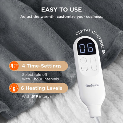 Bedsure Heated Blanket Throw Blanket - Fast Heating Electric Blanket, GentleSoft Flannel Heated Throw with 4 Time Settings, 6 Heating Settings, Warm Gifts for Grandma (50x60 inches, Grey)