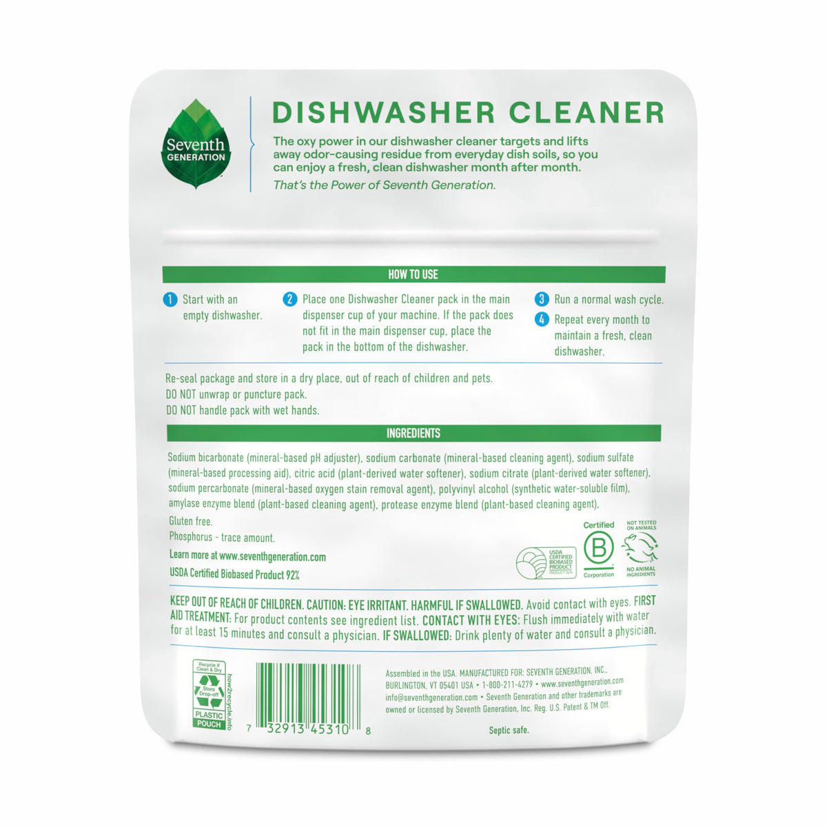 Seventh Generation Dishwasher Cleaning Packs 6 Count Free & Clear Removes odor-causing residue Powered by oxy power