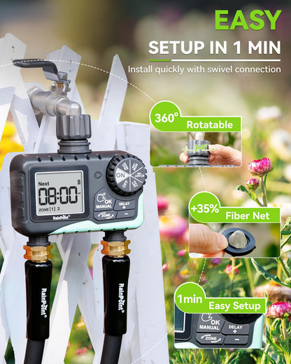 RAINPOINT 2 Zone Water Timer for Garden Hose - Sprinkler With Rain Delay, Manual Watering, Automatic Irrigation Controller System - Programmable Faucet Timer for Yard Lawn