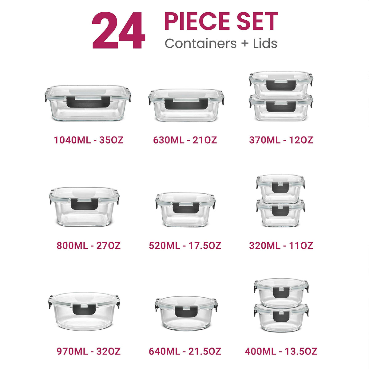 FineDine 24 Piece Glass Storage Containers with Lids - Airtight, Leak Proof, Dishwasher Safe, Glass Tupper Ware Sets with Lids, Food Storage Containers, Meal Prep Containers, Gray