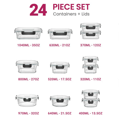 FineDine 24 Piece Glass Storage Containers with Lids - Airtight, Leak Proof, Dishwasher Safe, Glass Tupper Ware Sets with Lids, Food Storage Containers, Meal Prep Containers, Gray