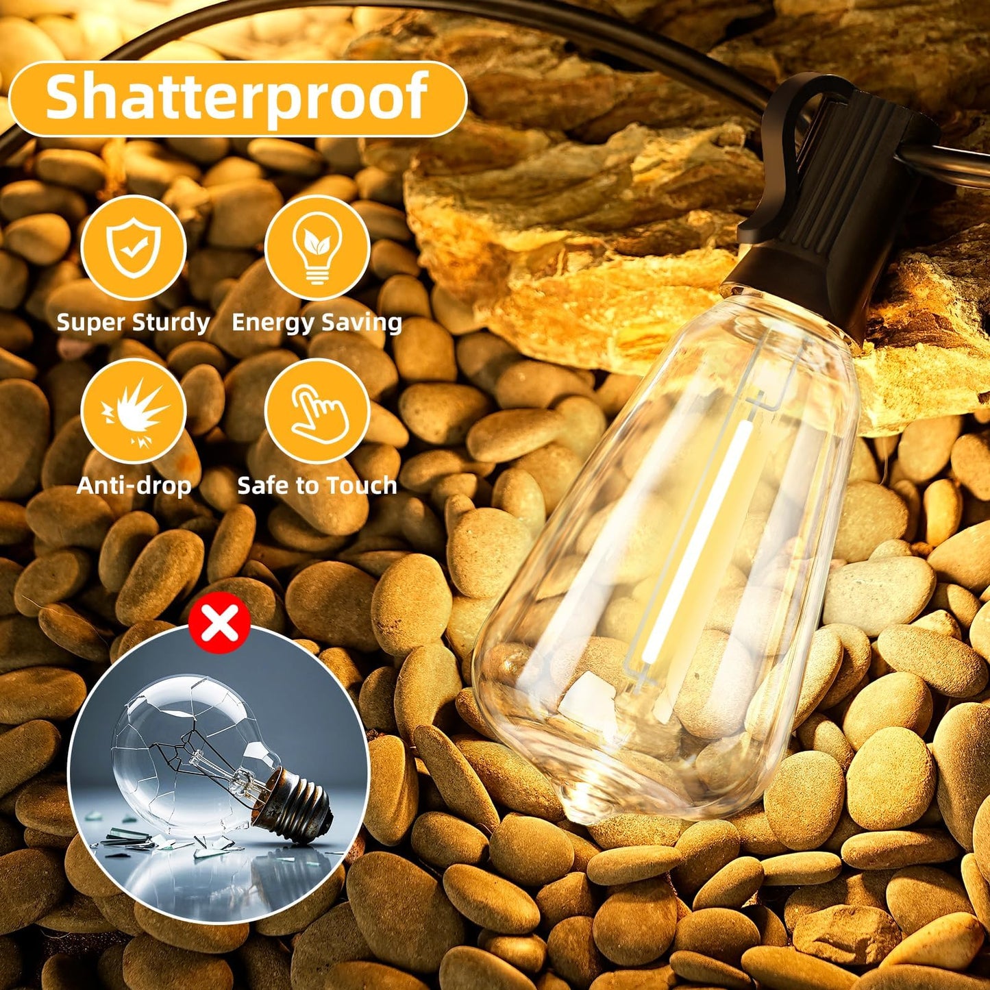 Hobbynors ST38 50FT LED Outdoor String Lights with 25+2 Spare Bulbs, E12 Socket, 2700K Warm White-for Backyard, Wedding, Camping, Porch, Deck, Gazebo, Bistro Decor