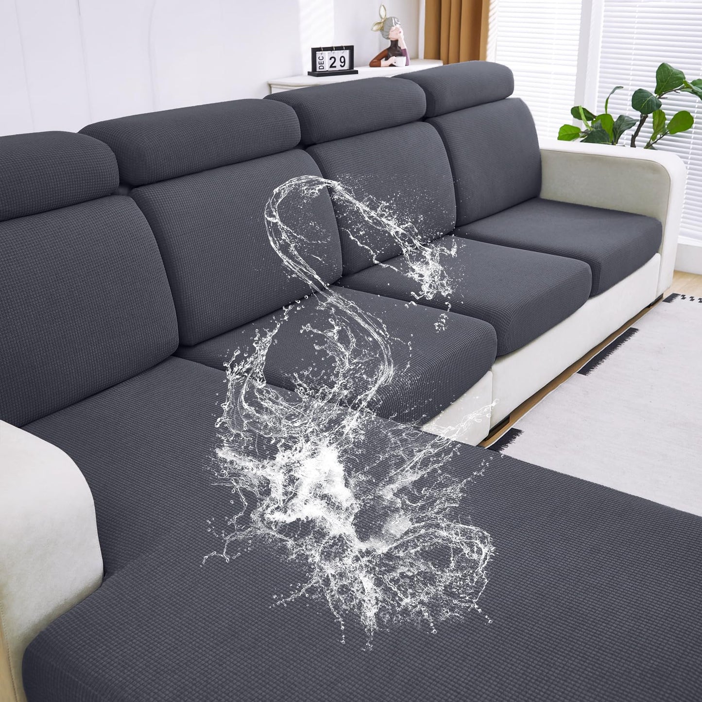 DISSA Waterproof Couch Cushion Covers, Washable Sofa Cushion Covers, Stretch Sofa Slipcovers, Thick Jacquard Fabric, Couch Sofa Covers for Pets Furniture Protector(3 Seaters + 1 Chaise, Grey)