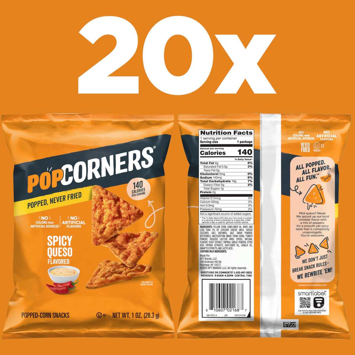 PopCorners Popped Corn Snacks, Spicy Queso, 1 Ounce Bags (Contains 20 Packets) Packaging May Vary