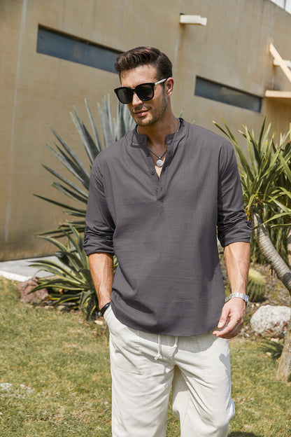 COOFANDY Men's Cotton Linen Henley T-Shirts Long Sleeve Hippie Casual Beach T-Shirts Dark Gray