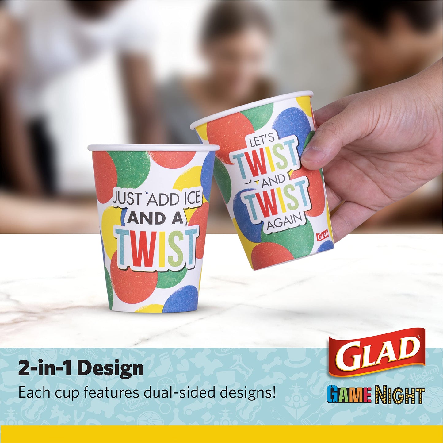 Glad Game Night Twister Disposable Paper Cups - Heavy Duty Drinking Cup for Kids & Adults, Classic Board Games Fun - 12 oz, 20 Count