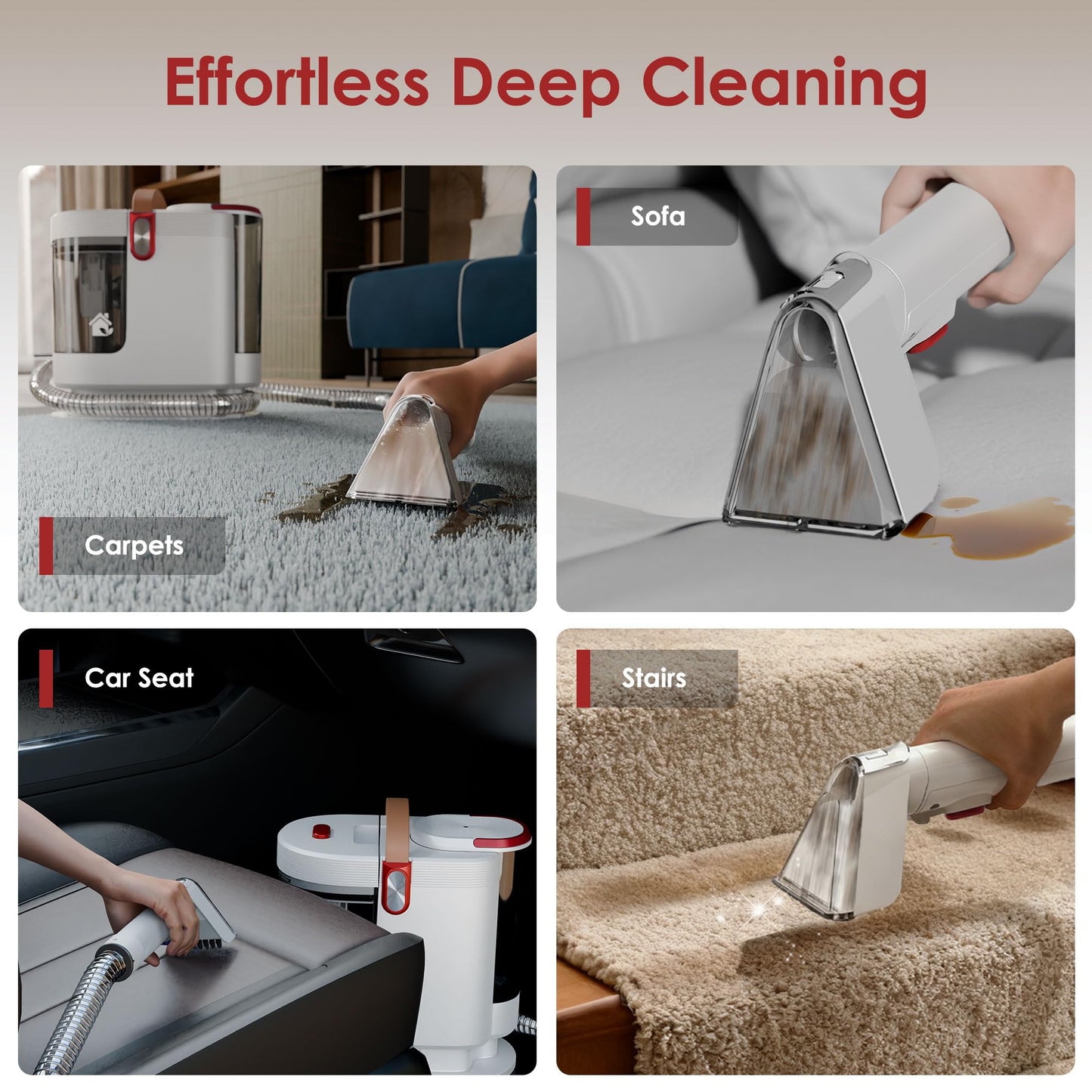 WURESE Portable Upholstery and Carpet Cleaner Machine, 15Kpa Spot Cleaner Deep Cleans Pet Stains, Couch Cleaner with 3 Tools and Self-Cleaning System for Area Rugs, Furniture, Stair, Car, Red