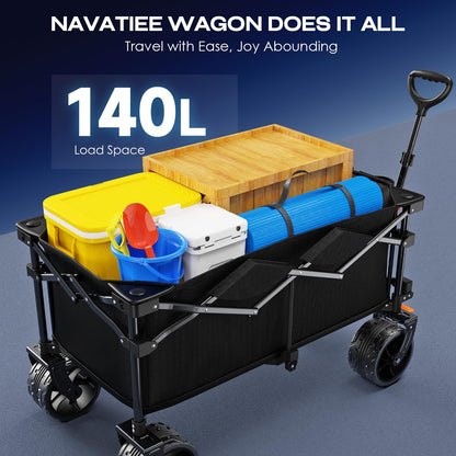 Navatiee Big Wheels Collapsible Wagon Cart Foldable, Heavy Duty Beach Wagon with Silent All-Terrain Wheels, Folding Utility Grocery Cart with Side Pocket and Brakes for Camping Garden Sports, Black