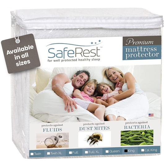 SafeRest Waterproof King Size Mattress Protector - Fitted with Stretchable Pockets - Machine Washable Cotton Mattress Cover for Bed