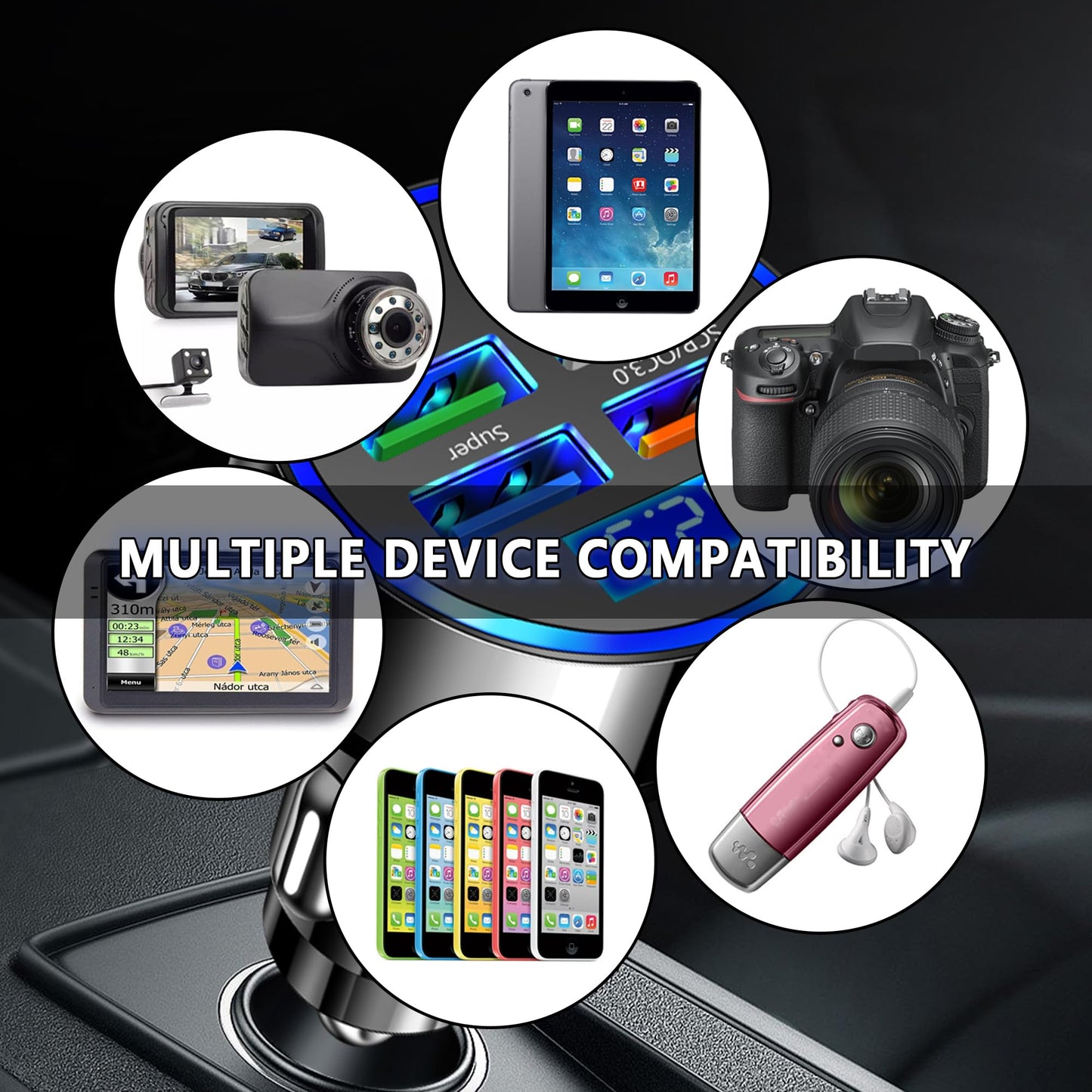 6 Ports Fast Car Charger with Voltage Monitor,Car Cigarette Lighter USB Charger (PD+QC3.0) Compatible with iphone13/14/15 & Most Android Models,Car Must Haves USB C Car Charger (1PCS)