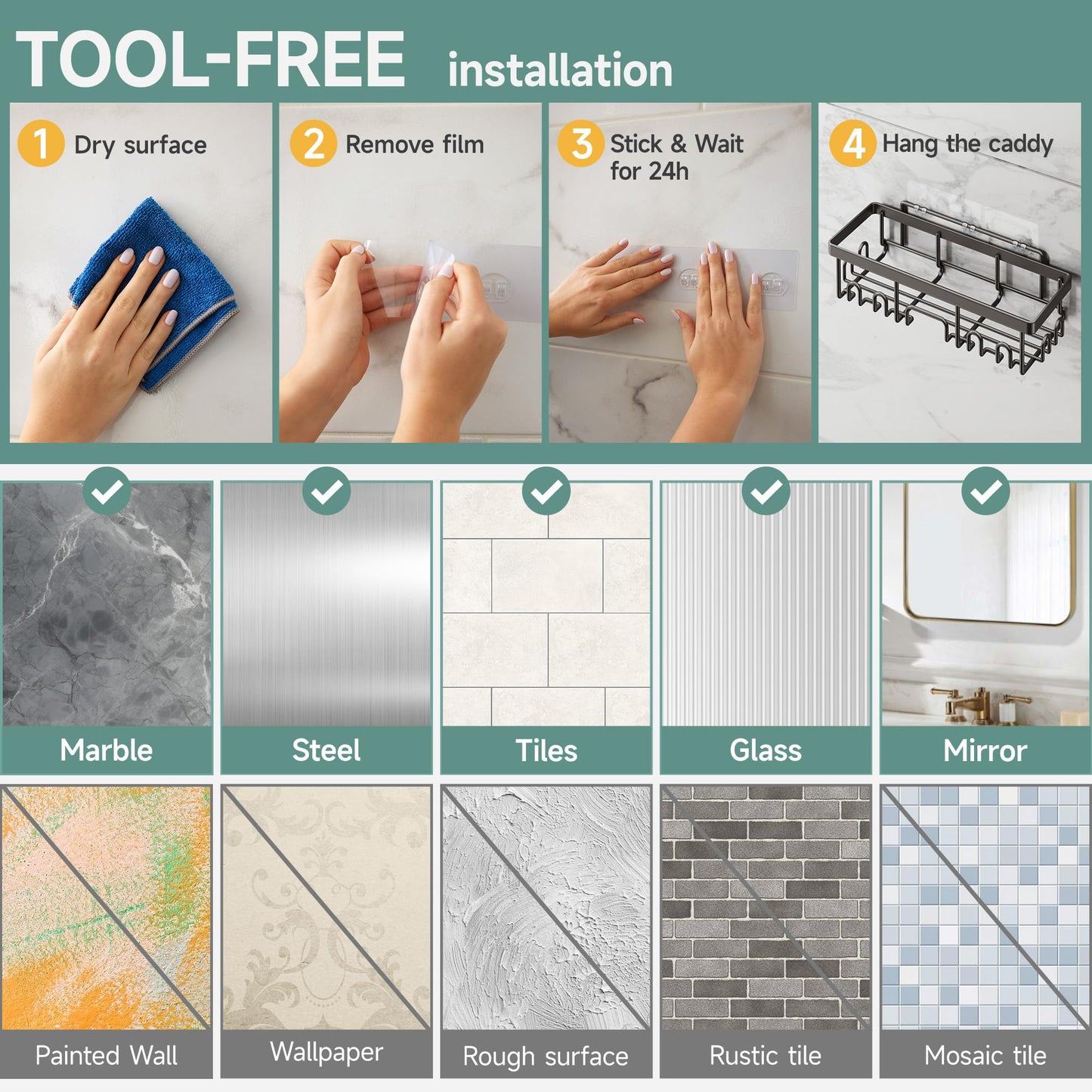 Veken Stainless Steel Shower Caddy 6-Pack, No Drilling & Rustproof, Waterproof Adhesive Shelves Rack with Soap Holder, Large Capacity Bathroom Organizers and Storage, Wall-Mounted Kitchen & Home Decor