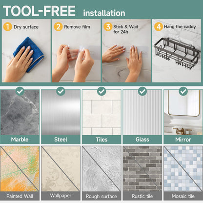 Veken Stainless Steel Shower Caddy 6-Pack, No Drilling & Rustproof, Waterproof Adhesive Shelves Rack with Soap Holder, Large Capacity Bathroom Organizers and Storage, Wall-Mounted Kitchen & Home Decor