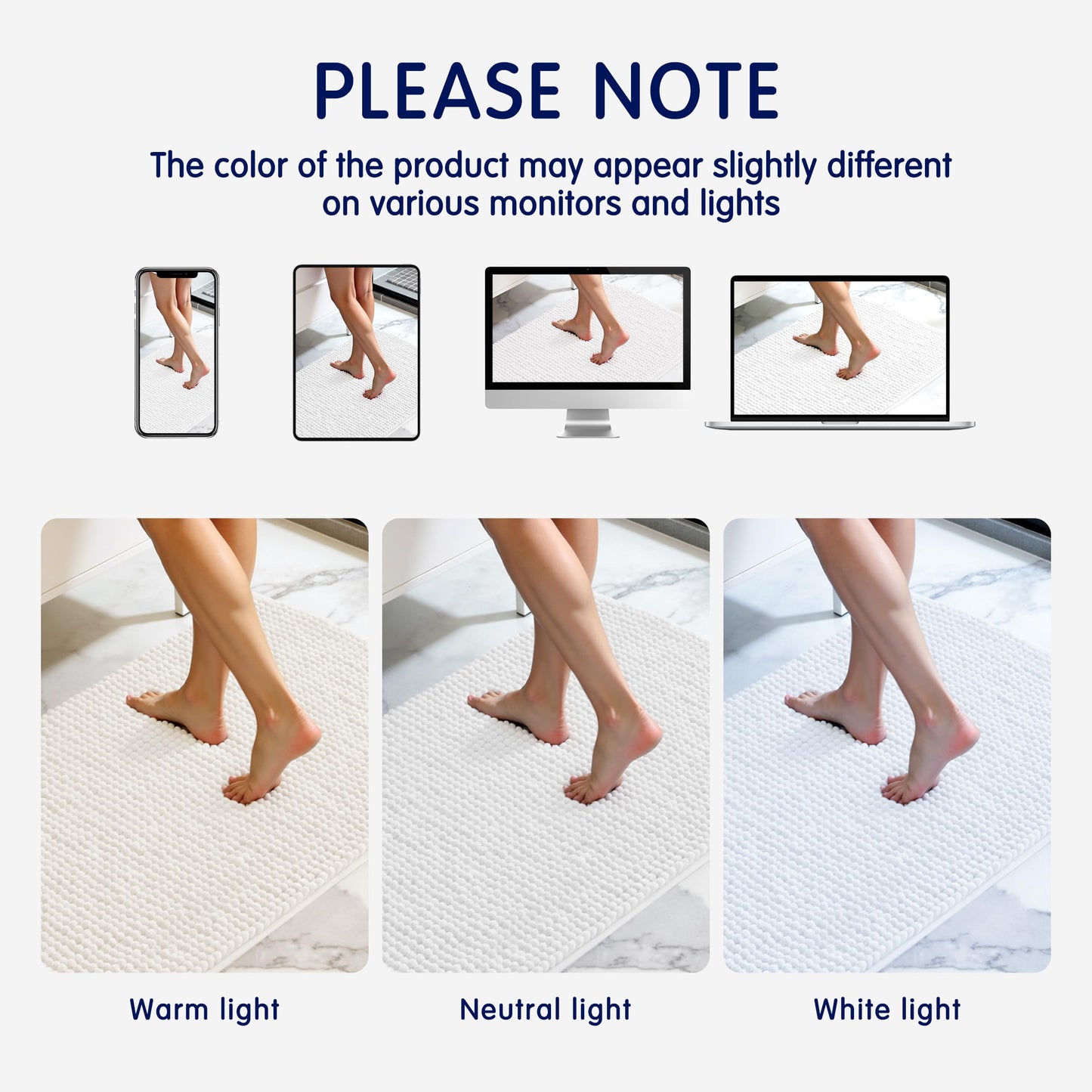 SUBRTEX Bathroom Rugs Chenille Bath Rug Soft Short Plush Bath Mat Soft Shower Mat Water Absorbent Shower Mat Quick Dry Machine Washable(White,16" x 24")