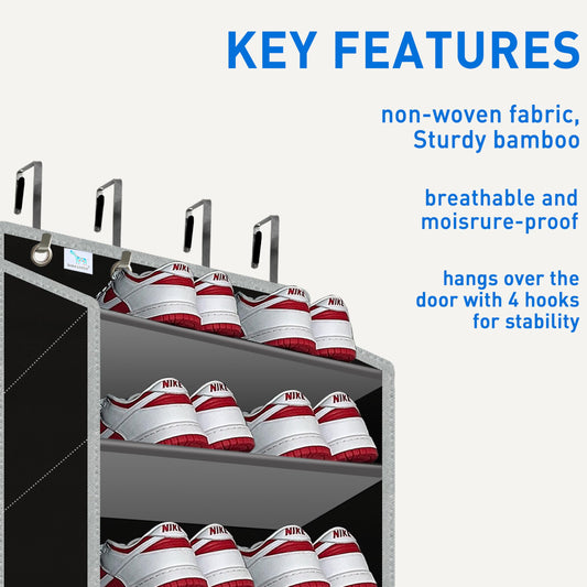 zebricolo,Heavy-Duty, Over The Door Shoe Organizer, Extra Large 10 Tiers, Over Door Shoe Organizer, Coated Hooks Grip Firmly Without Scratching Paint,75LB, Door Shoe Rack,Grey