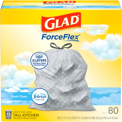 Glad ForceFlex Tall Kitchen Drawstring Trash Bags, 13 Gal, Fresh Clean, 80 Ct (Package May Vary)