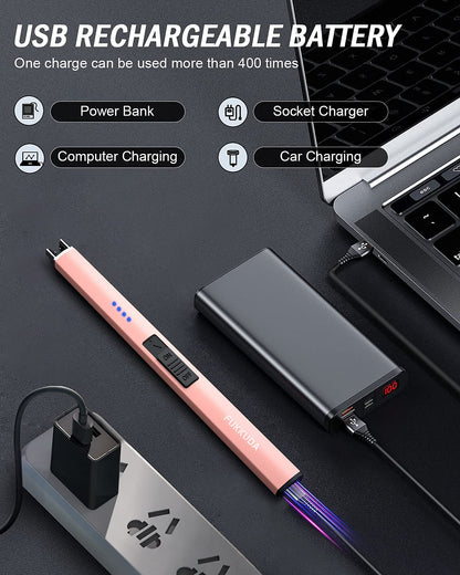 FUKKUDA Electric Candle Lighter with Safety Switch - USB Rechargeable Windproof & Flameless Plasma Arc Lighter for Easter Basket Stuffers (Rose Gold)
