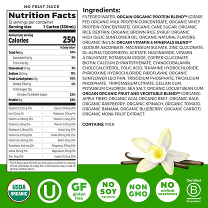 Orgain Organic Nutritional Protein Shake, Vanilla Bean - 16g Grass Fed Whey Protein, Meal Replacement, 20 Vitamins & Minerals, Fruits & Vegetables, Gluten Free, Non-GMO, 11 Fl Oz (12 Pack)
