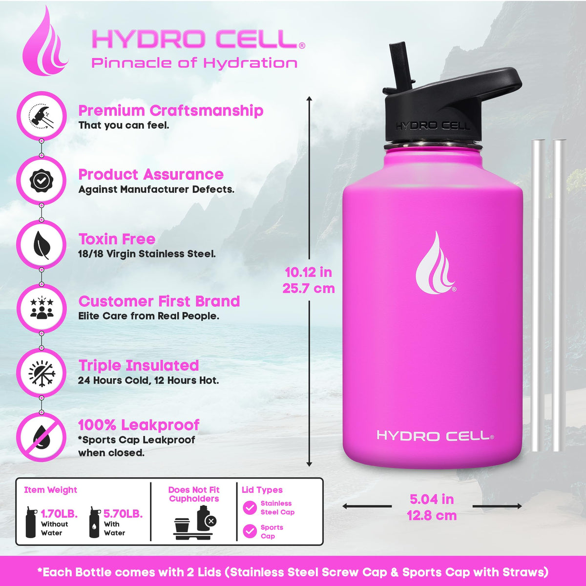 HYDRO CELL Stainless Steel Insulated Water Bottle with Straw - For Cold & Hot Drinks - Metal Vacuum Flask with Screw Cap and Modern Leakproof Sport Thermos for Kids & Adults (Fuchsia 64oz)