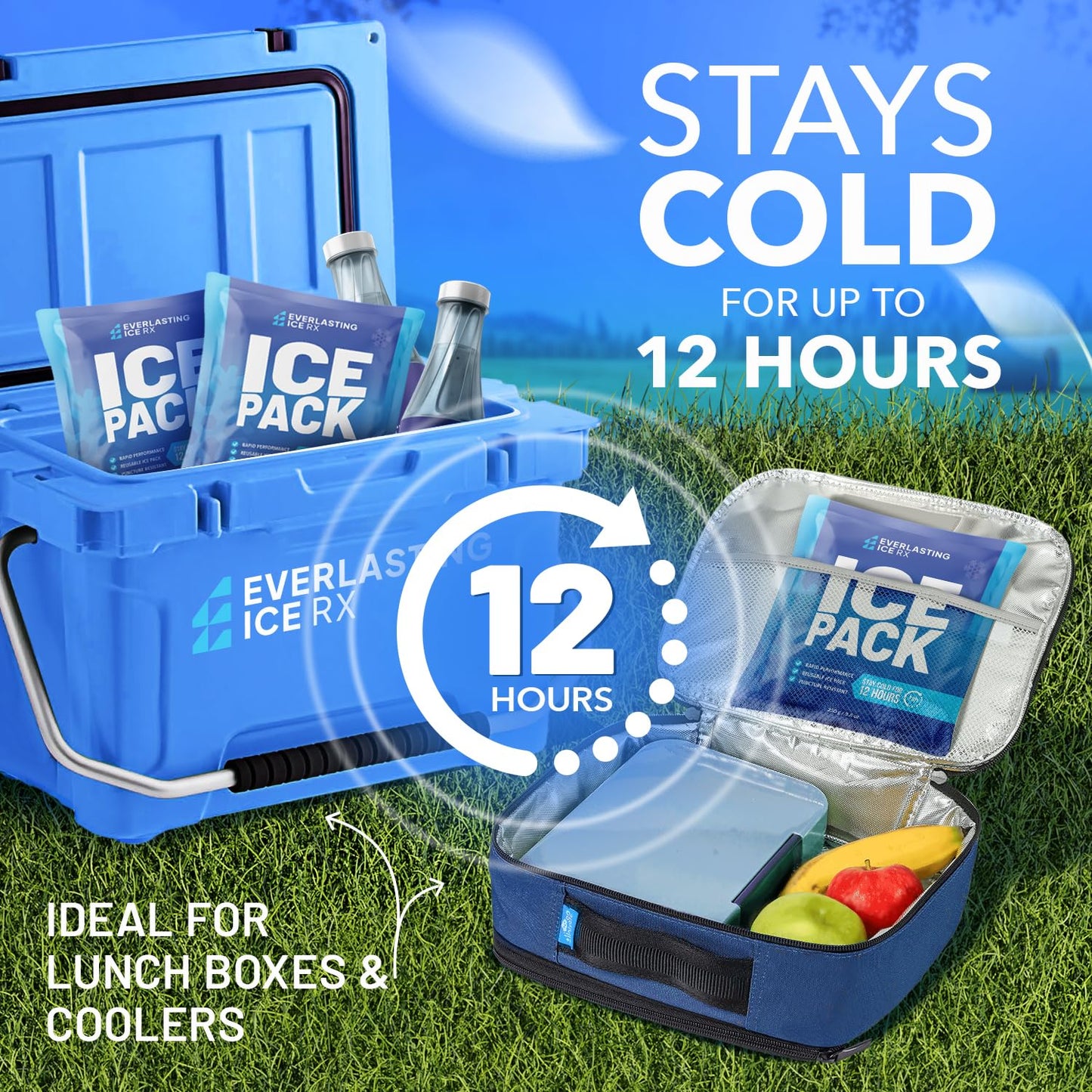 Rapid Performance Reusable Ice Packs for Lunch Boxes, Lunch Bags or Coolers | 4 Pack | Cold for Up to 12 Hours | Ice Packs for Cooler, Long Lasting for Camping, Outdoors & Beach