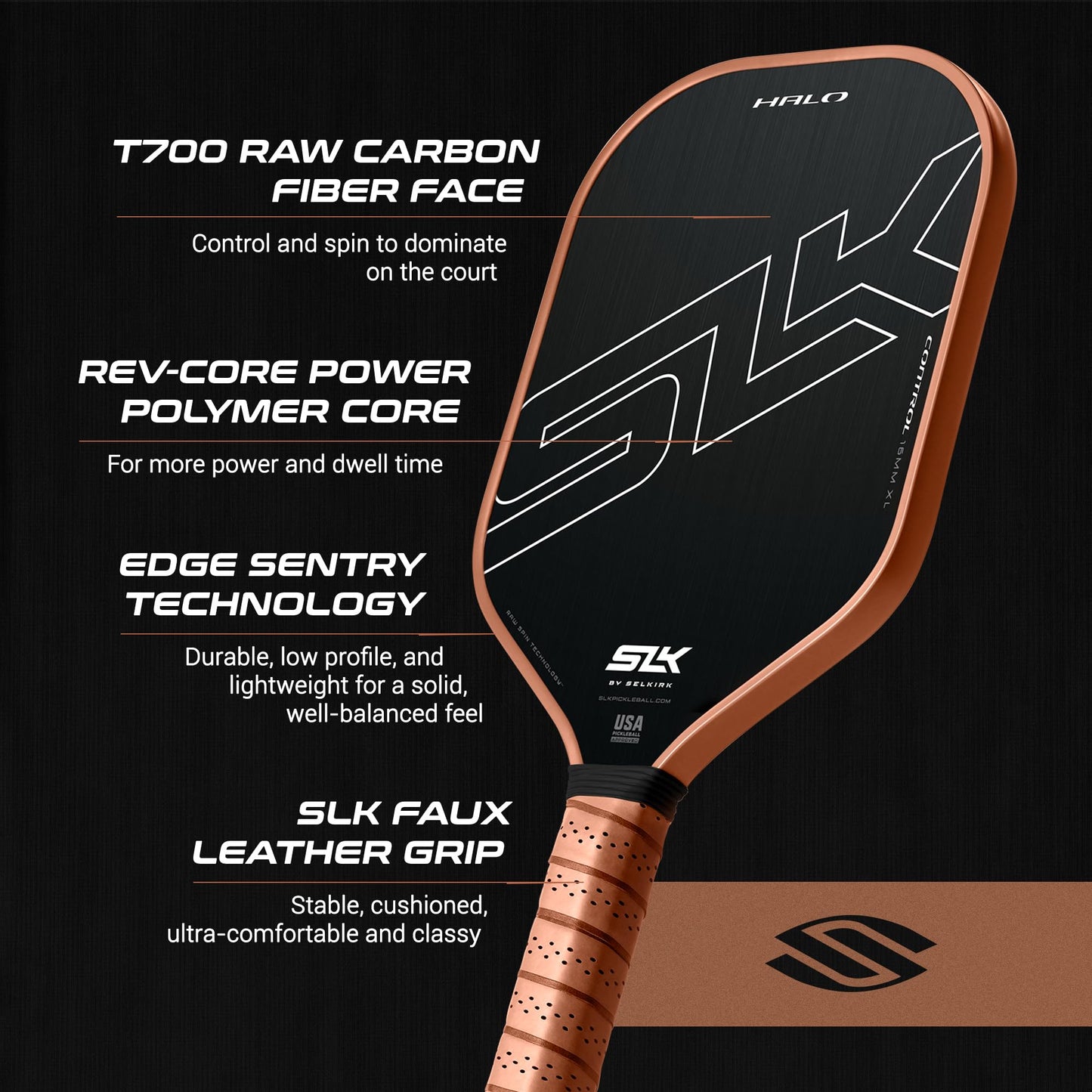 Selkirk Sport SLK Halo Control MAX Pickleball Paddle | Raw Carbon Fiber Pickleball Paddle with a Rev-Core Power Polymer Core | Designed for Ultimate Spin & Power | Black