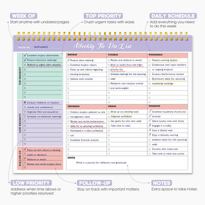 Weekly To Do List Notepad with 52 Undated Sheets（8.5"×11"）- Weekly Desk Planner for Women & Man, Work and Home - Violet Dream