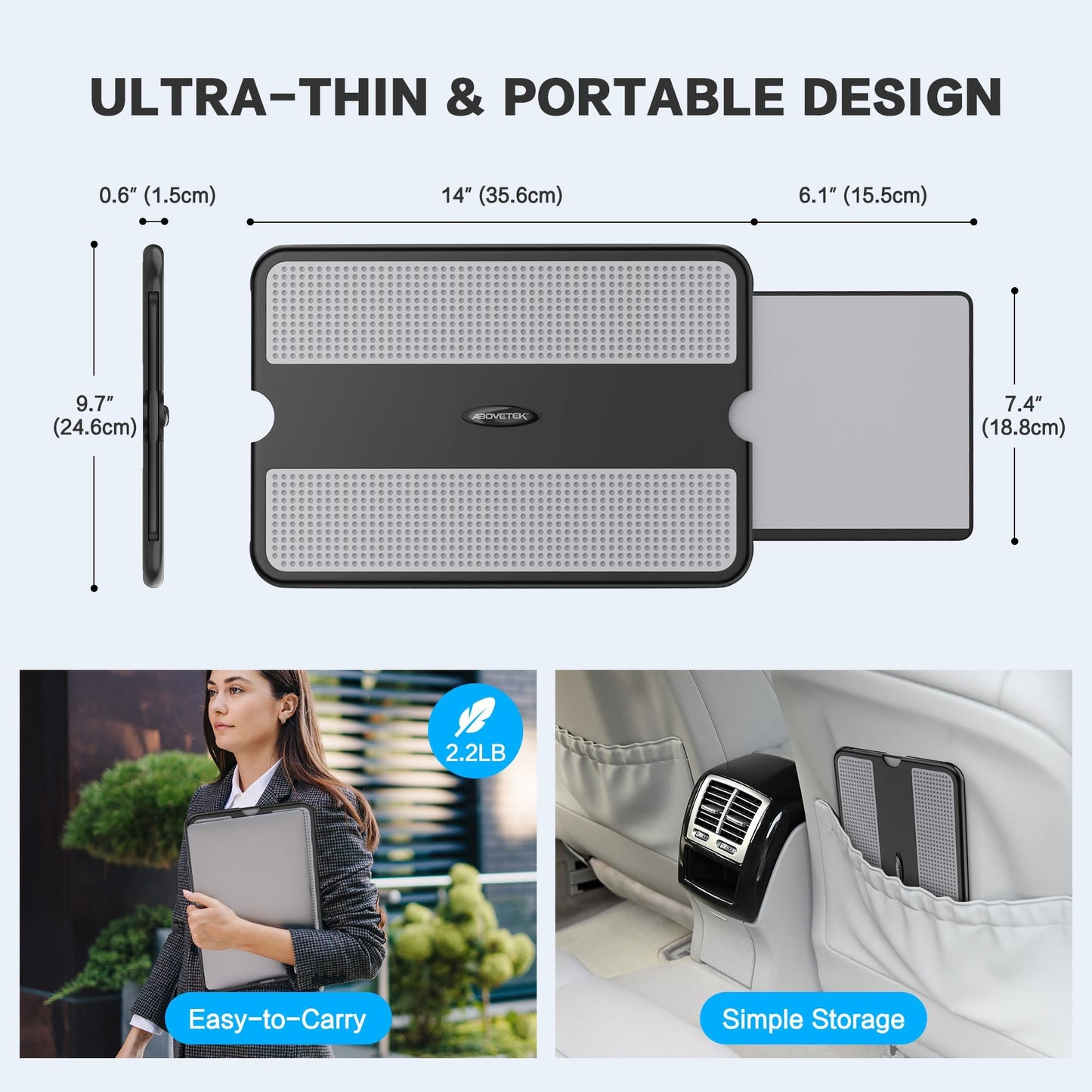 AboveTEK Portable Laptop Lap Desk w/ Retractable Left/Right Mouse Pad Tray, Non-Slip Heat Shield Tablet Notebook Computer Stand Table w/ Sturdy Stable Work Surface for Bed Sofa Couch or Travel