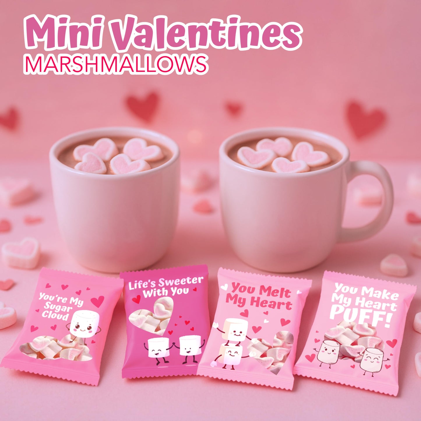 4E's Novelty Heart Marshmallows (24 Packs) Pink & White Valentine Marshmallows Mini Individually Wrapped for Hot Chocolate, Valentines Candy Bulk for Kids Classroom Exchange Party Favors