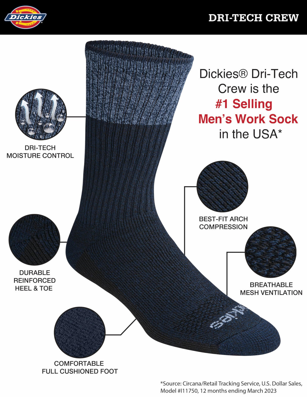Dickies Men's Dri-Tech Essential Moisture Control Crew Socks, Available in M-XXL (6, 12 Pairs), Blue Marl (6 Pairs), Large