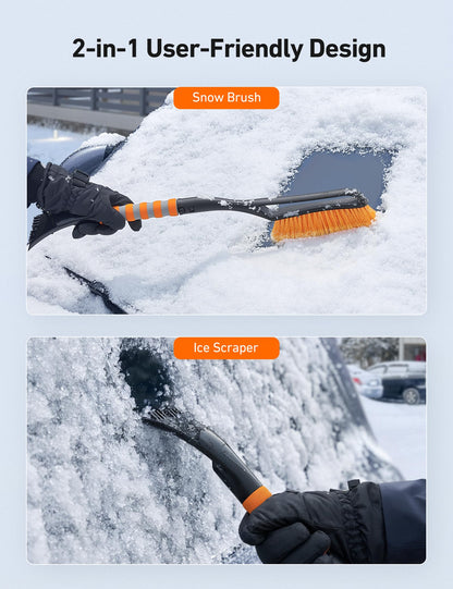 AstroAI 2 Pack 27" Snow Brush and Ice Scrapers for Car Windshield, Detachable Snow Scrapers with Ergonomic Foam Grip for Cars, Trucks, SUVs (Heavy Duty ABS, PVC Brush, Orange)