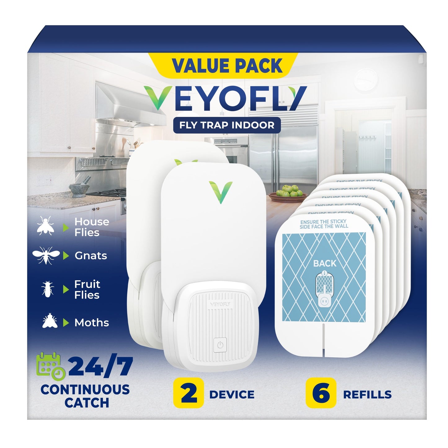 VEYOFLY Fly Trap Indoor, Fruit Fly Traps for Indoors Flying Insect (2 Device + 6 Refills) Gnat Traps for House Indoor, Bug Zapper Indoor, Gnat Killer Catcher & Fruit Fly Killer Light Plug in