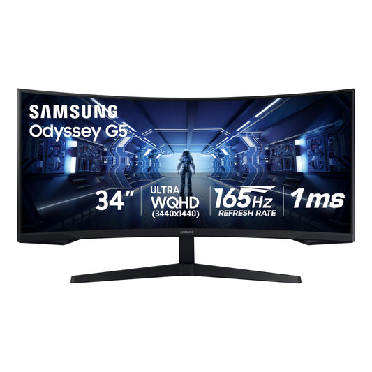 Samsung 34' Odyssey G5 Ultra-Wide Gaming Monitor with 1000R Curved Screen, 165Hz, 1ms, FreeSync Premium, Large Display, Eye Comfort, Multiple Ports, WQHD, LC34G55TWWNXZA, Black