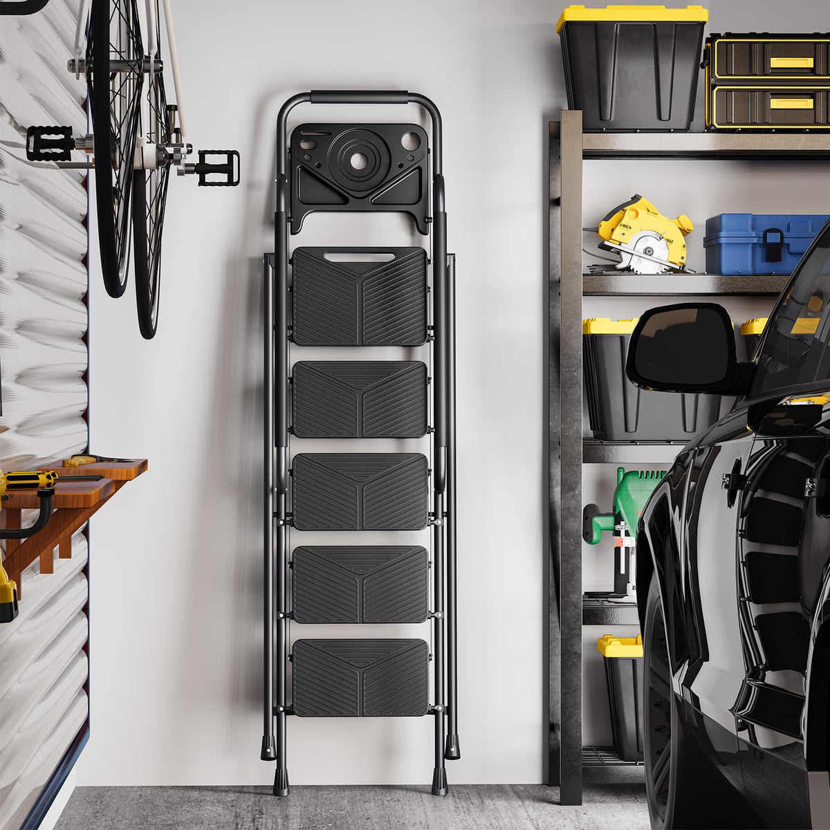 KINGRACK Folding 5 Step Ladder, Portable Ladder for Multi-Purpose, Home, Kitchen, Heavy Sturdy Steel Step Stool with Anti-Slip Wide Pedals, Handrail, Safe-Lock Design, Pass 500lbs Load Testing, Black
