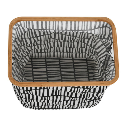 Household Essentials Bamboo Rimmed Rectangular Krush Hamper with Cutout Handles, Black and White