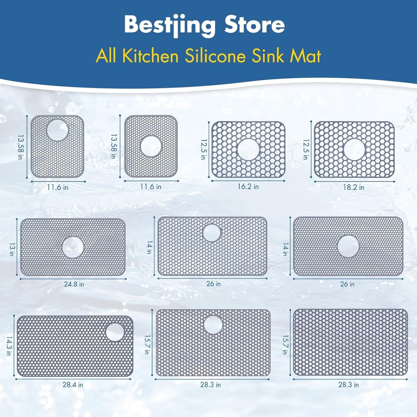 Bestjing 2 Pack Silicone Sink Protectors for Kitchen Sink with Center Drain - 12" x 11" Kitchen Accessory, Non-Slip Heat-Resistant Mat for Bottom of Porcelain Stainless Steel, Dishwasher Safe