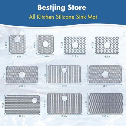 Bestjing 2 Pack Silicone Sink Protectors for Kitchen Sink with Center Drain - 12" x 11" Kitchen Accessory, Non-Slip Heat-Resistant Mat for Bottom of Porcelain Stainless Steel, Dishwasher Safe