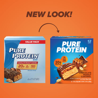Pure Protein Bars, High Protein, Nutritious Snacks to Support Energy, Low Sugar, Gluten Free, Chocolate Peanut Caramel, 1.76oz, 12 Count (Pack of 1) (Packaging May Vary)