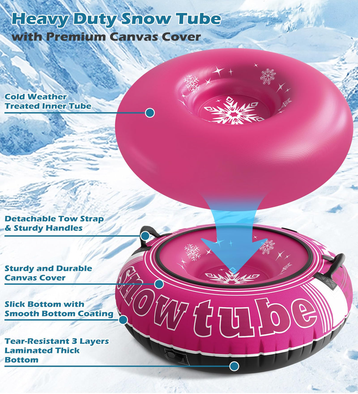 Jasonwell Inflatable Snow Tube Sled - 48" Heavy Duty Snow Tubes for Sledding with Premium Canvas Cover for Kids Adults Snow Toy Fun Winter Outdoor Toys Christmas Birthday Gift for Boys Girls Children