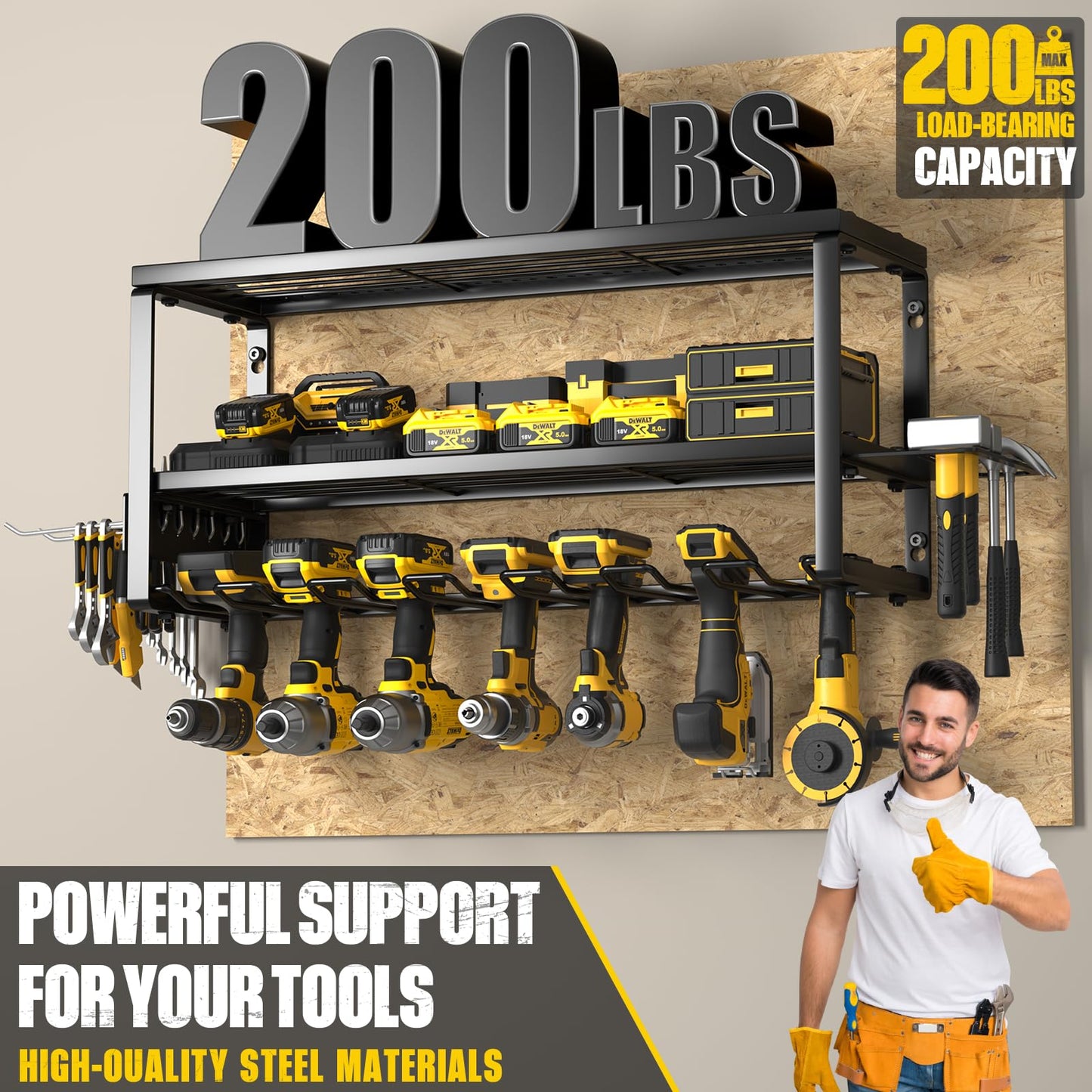 MOOMSINE Heavy Duty Power Tool Organizer Wall Mount, Storage Rack for Garage Organization, Cordless Drill Holder and Battery Shelf, Metal Tool Organizers with Charging Station