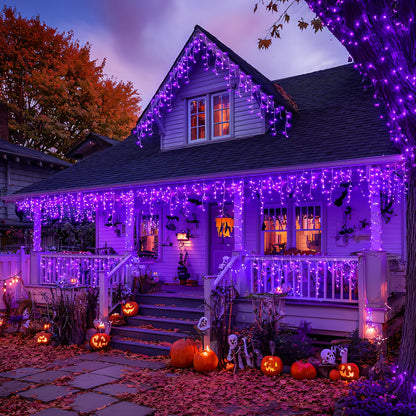 JMEXSUSS Purple Halloween Icicle Lights, 38.8 FT 400 LED Icicle Light Outdoor Waterproof, 8 Modes Purple Halloween Lights with 80 Drops Plug in for House Christmas Party Decorations