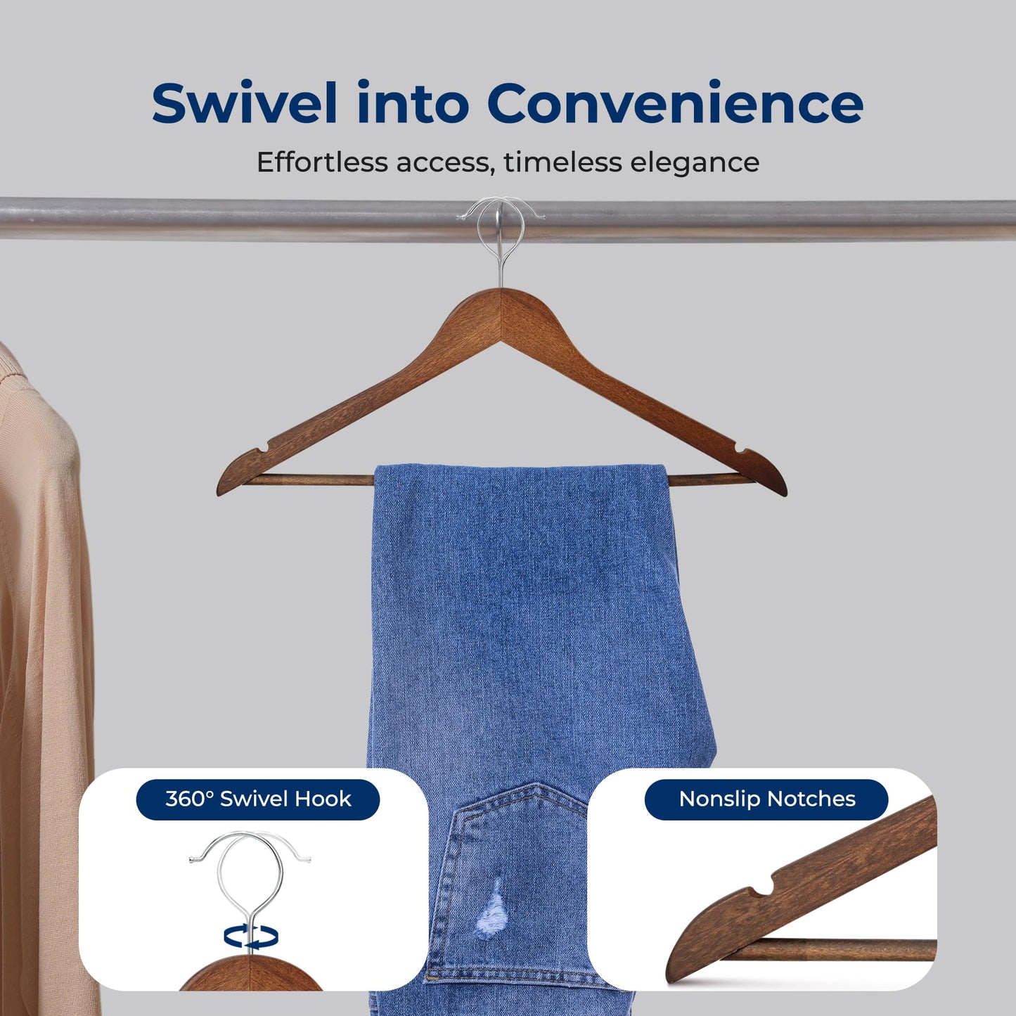 SereneLife 60-Pack Vintage Wooden Suit Hangers – Heavy-Duty, Non-Slip Clothes Hanger Set with 360° Chrome Swivel Hook & Notches – Solid Wood Coat Hangers for Suits, Jackets, Dresses & More