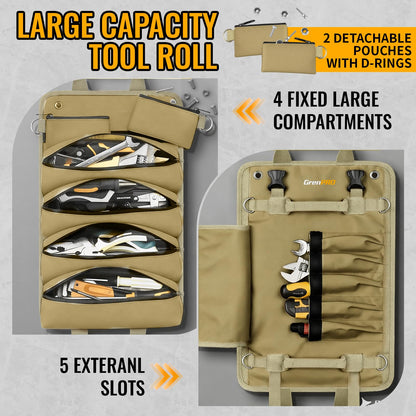GrenPRO Roll Up Tool Bag, Tool Roll Up Bag with Detachable Tool Pouches, Soft Rollable Tool Pouch, Tool Organizer for Electricians, DIY, Valentines Day Gifts for Him Dad Men Mechanic Welding, Khaki